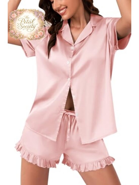Other - Satin Pajama Set Womens Short Sleeve Button Down 2 Piece Sleepwear Lounge